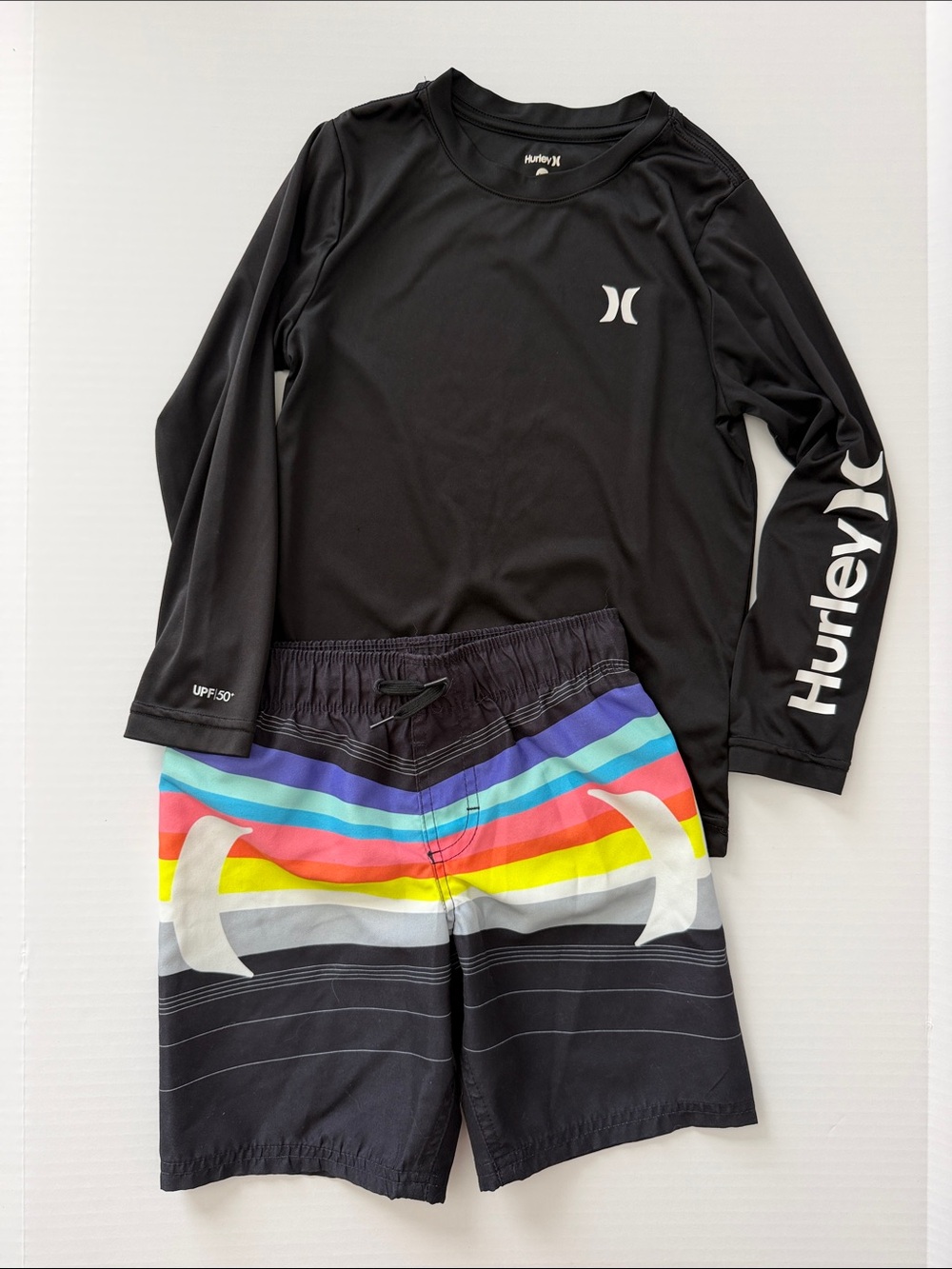 Hurley Black Rash Guard with Rainbow Stripe Swim Shorts kids size 6